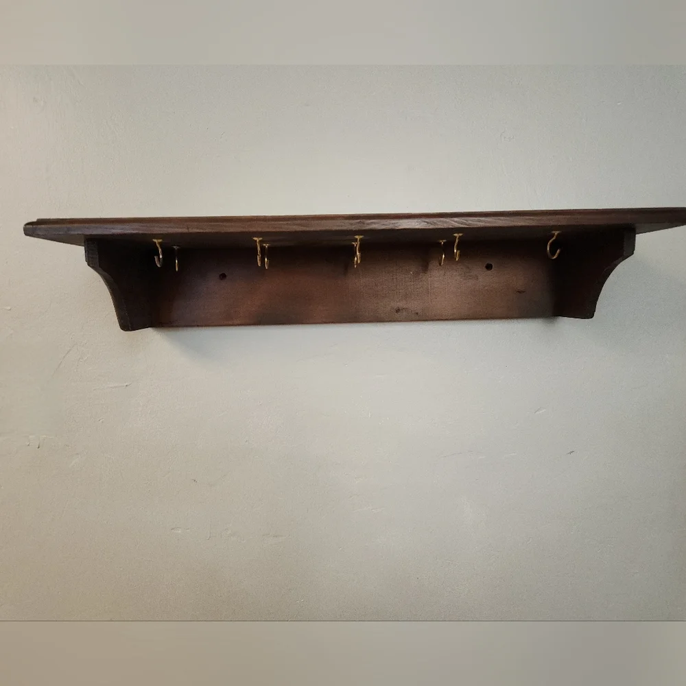 Vintage 1950s 1960s Dark Wood Display Shelf With Brass Hooks